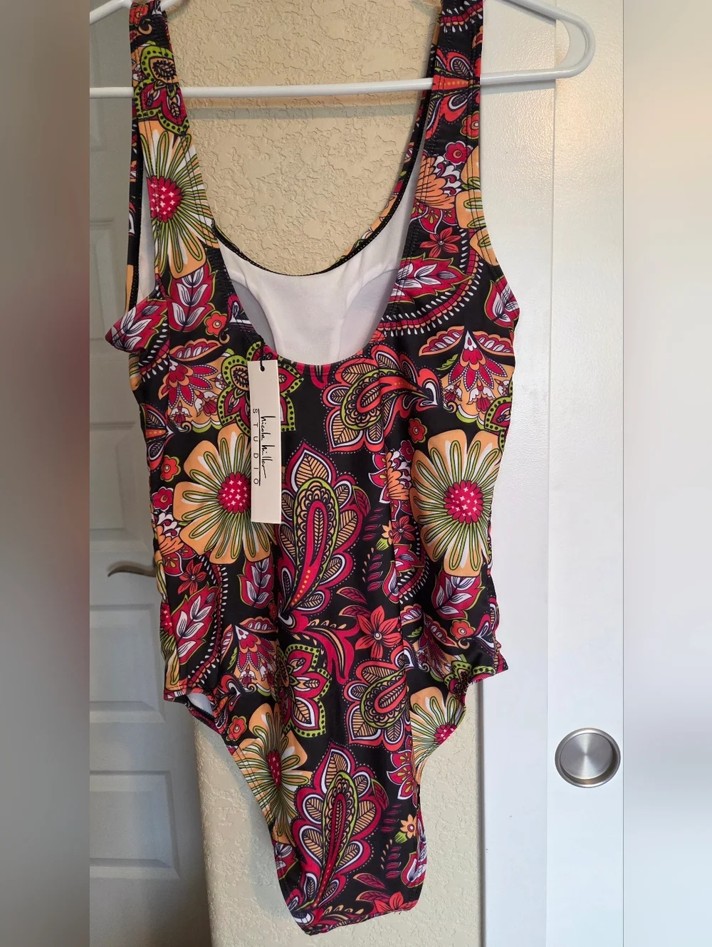 Nicole Miller Black One-Piece Swimsuit with Pink, Yellow and Orange Floral Print - Picture 3 of 3